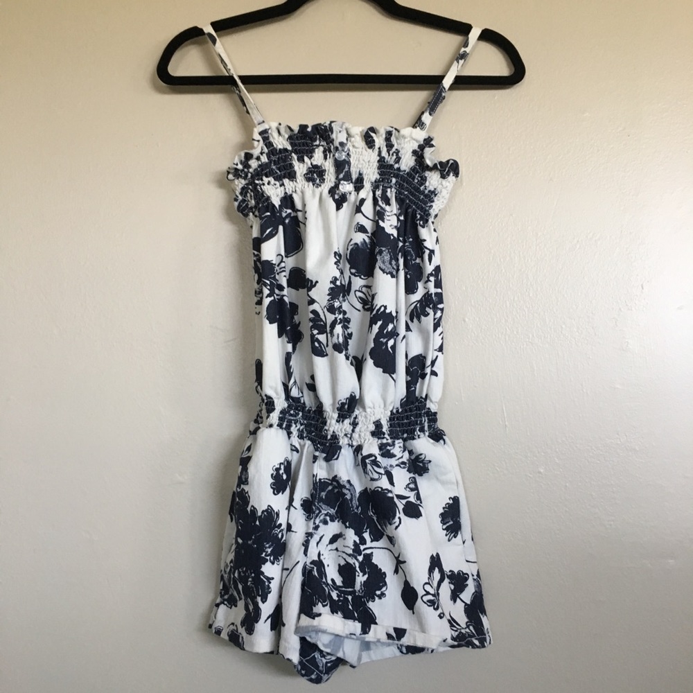 White & Blue Floral Romper with Pockets